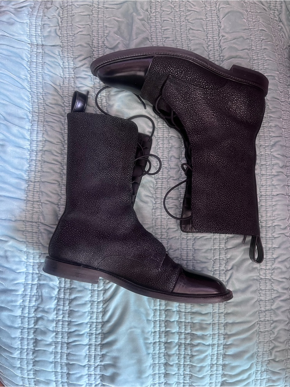 Inch2 Lace-Up Black Textured Mid-Calf Boots